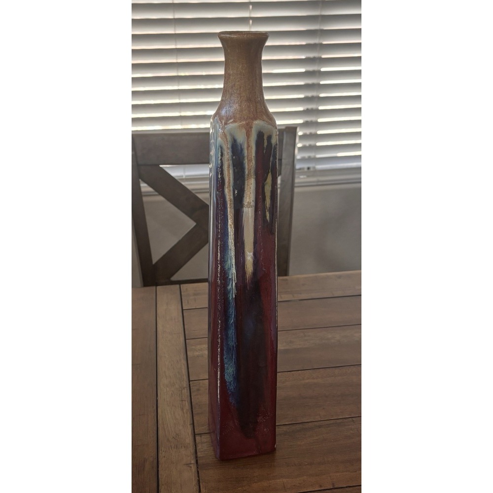 Vintage Tall Studio Art Pottery Square Vase Drip Glaze Crimson Blue 19x3"Signed